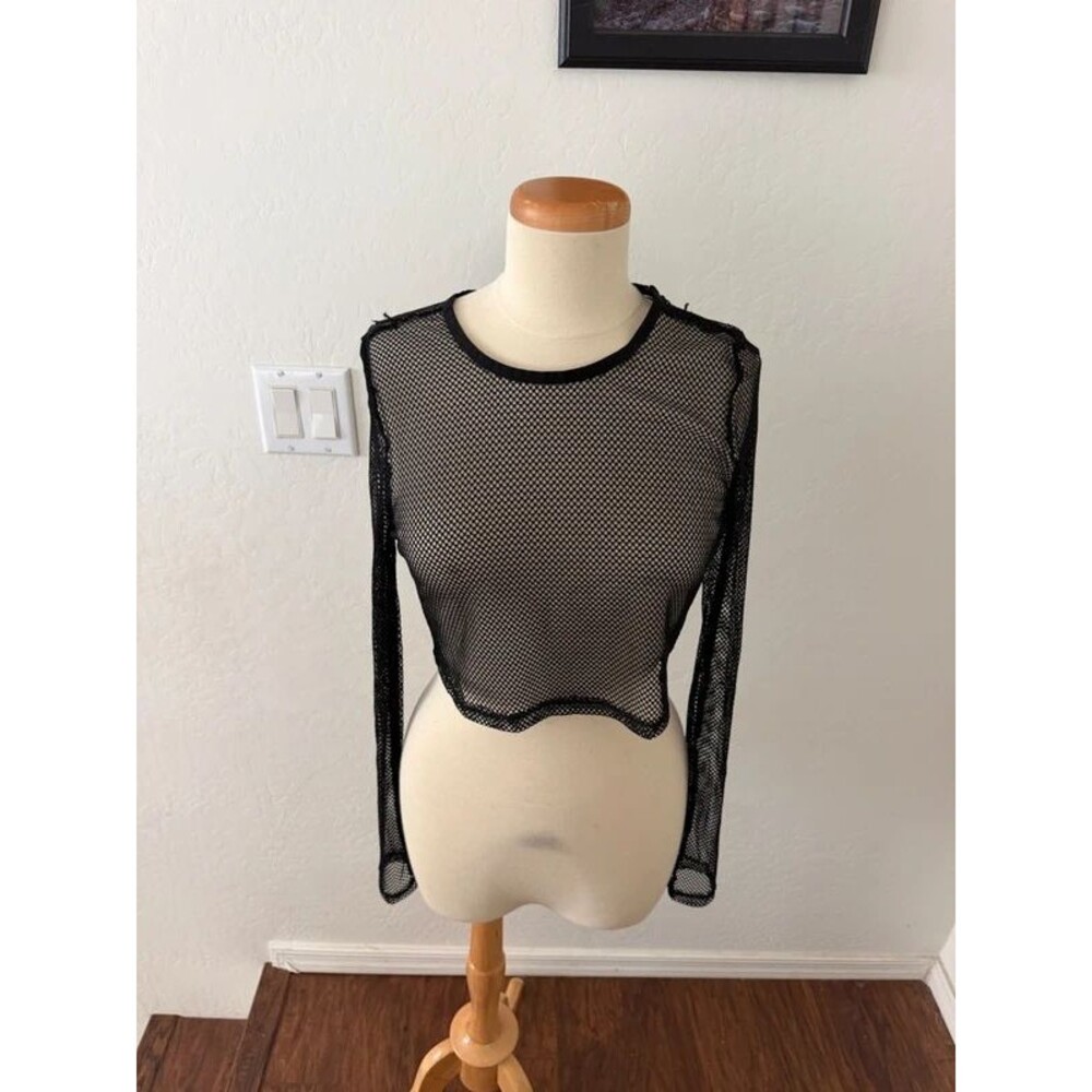 Social Collision Black Fishnet / Mesh Long Sleeve Cropped Top